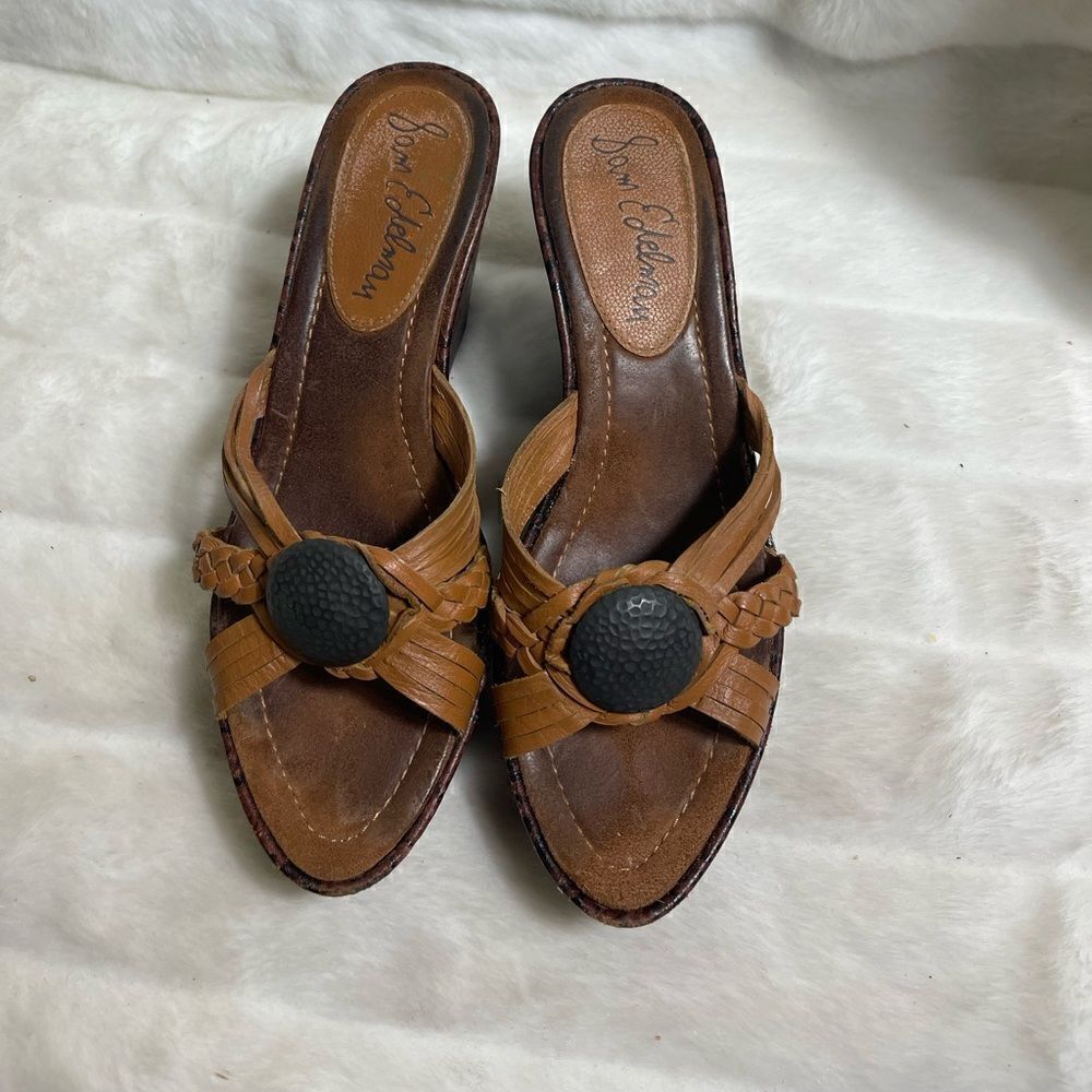 Sam Edelman leather tan platform wedge straps sandals black button accent SZ9.5